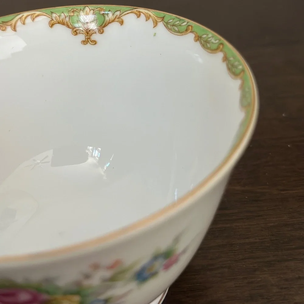 Sango China Cup Saucer Floral Green‎ Gold Rim Vintage Victorian Pattern